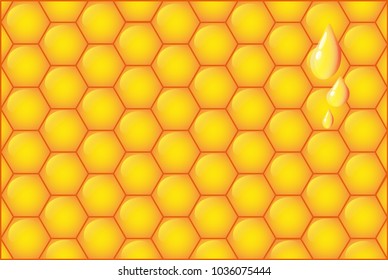 Vector background of yellow hexagons with honey drops. Honey honeycombs with horizontal arrangement for decoration.