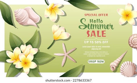 Vector background with yellow plumeria flowers and seashells. Tropical vibe, summer time, holidays. Summer sale template, discount banner.