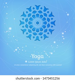 Vector background for yoga. Design for packaging and posters on soft blue, green and turquoise colours with floral pattern. Yoga exercises, recreation, healthy lifestyle. Yoga studio template.