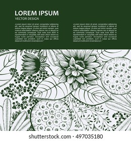 Vector background for your article in the journal, packaging, invitations, posters, advertisements, labels and drugog.  Drawing ink. Flowers and plants.