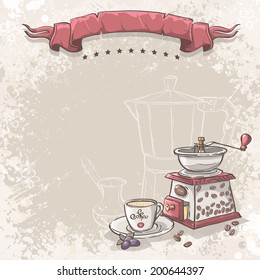 Vector background for your text with the grinder and a cup of coffee