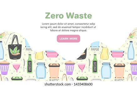 Vector background with zero waste objects. Hand drawn flat style. Eco lifestyle. Save planet. Care of nature. Online store. Landing page te mplate, mailing, advertising, header, banner, label. Eps10