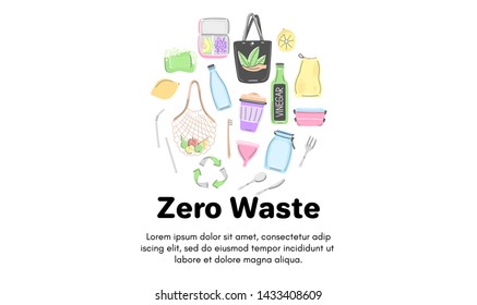 Vector background with zero waste objects. Hand drawn flat style. Eco lifestyle. Save planet. Care of nature. Online store. Landing page te mplate, mailing, advertising, header, banner, label. Eps10