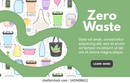 Vector background with zero waste objects. Hand drawn flat style. Eco lifestyle. Save planet. Care of nature. Online store. Landing page te mplate, mailing, advertising, header, banner, label. Eps10