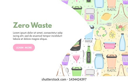 Vector background with zero waste objects. Hand drawn flat style. Eco lifestyle. Save planet. Care of nature. Online store. Landing page te mplate, mailing, advertising, header, banner, label. Eps10