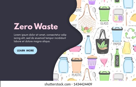 Vector background with zero waste objects. Hand drawn flat style. Eco lifestyle. Save planet. Care of nature. Online store. Landing page te mplate, mailing, advertising, header, banner, label. Eps10
