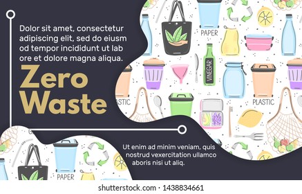 Vector background with zero waste objects. Hand drawn flat style. Eco lifestyle. Save planet. Care of nature. Online store. Landing page te mplate, mailing, advertising, header, banner, label. Eps10