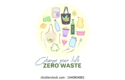 Vector background with zero waste objects. Hand drawn flat style. Eco lifestyle. Save planet. Care of nature. Online store. Landing page te mplate, mailing, advertising, header, banner, label. Eps10