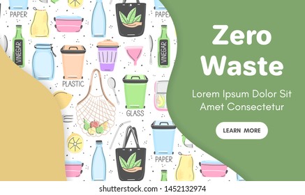 Vector background with zero waste objects. Hand drawn flat style. Eco lifestyle. Save planet. Care of nature. Online store. Landing page te mplate, mailing, advertising, header, banner, label. Eps10
