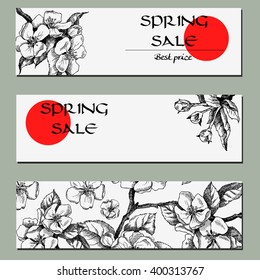 Vector backgroundl with hand-draw spring flowers on tree branch. Spring sale. Layout, mockup design for label, cosmetics, store, natural and organic products