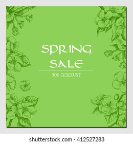 Vector backgroundl with hand-draw spring flowers on tree branch. Spring sale. Layout, mockup design for label, cosmetics, store, natural and organic products