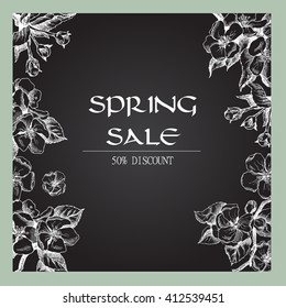 Vector backgroundl with hand-draw spring flowers on tree branch. Spring sale. Layout, mockup design for label, cosmetics, store, natural and organic products