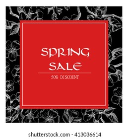 Vector backgroundl with hand-draw spring flowers on tree branch. Spring sale. Layout, mockup design for label, cosmetics, store, natural and organic products