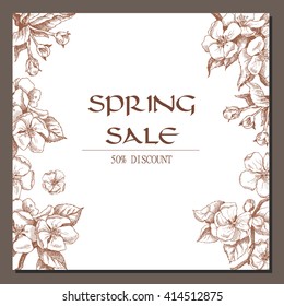 Vector backgroundl with hand-draw spring flowers on tree branch. Spring sale. Layout, mockup design for label, cosmetics, store, natural and organic products