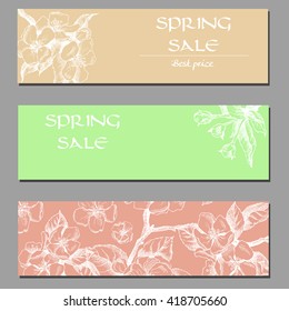 Vector backgroundl with hand-draw spring flowers on tree branch. Spring sale. Layout, mockup design for label, cosmetics, store, natural and organic products