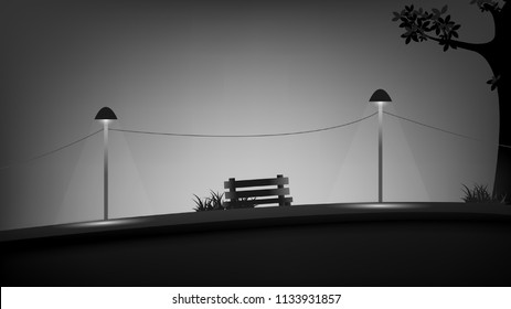 Vector background,public park at night with benches along the way, with two lighted poles. And trees near the road.
