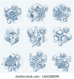 Vector backgrounds with abstract isometric lines and figures. Templates made with cubes, hexagons, squares, rectangles and different abstract elements. Vector set.