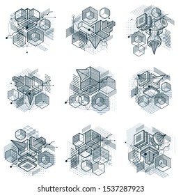 Vector backgrounds with abstract isometric lines and figures. Templates made with cubes, hexagons, squares, rectangles and different abstract elements. Vector set.