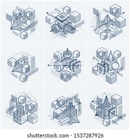 Vector backgrounds with abstract isometric lines and figures. Templates made with cubes, hexagons, squares, rectangles and different abstract elements. Vector set.