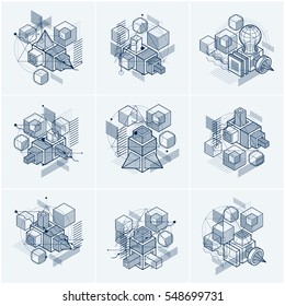 Vector backgrounds with abstract isometric lines and figures. Templates made with cubes, hexagons, squares, rectangles and different abstract elements. Vector set.