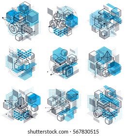 Vector backgrounds with abstract isometric lines and figures. Templates made with cubes, hexagons, squares, rectangles and different abstract elements. Vector set.