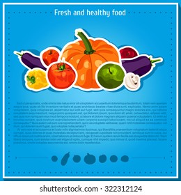 Vector backgrounds, banners about healthy eating. Vector vegetables elements for infographics. Isolated vegetables. Fresh and healthy food. Diet. Tomato, yellow pepper, mushroom, pumpkin. 