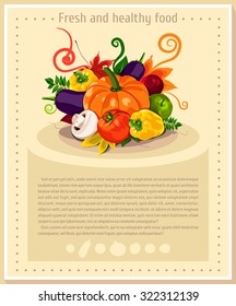 Vector backgrounds, banners about healthy eating. Vector vegetables elements for infographics. Isolated vegetables. Fresh and healthy food. Diet. Tomato, yellow pepper, mushroom, pumpkin. 