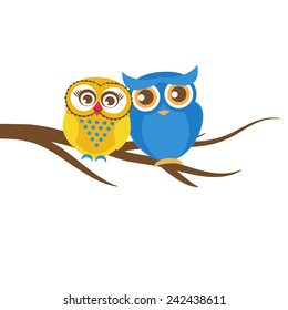 Vector backgrounds with couple of owls on the tree branch. Cute vector illustration for greeting card, invitation or wallpaper design.