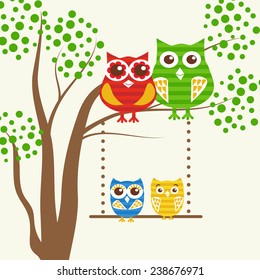 Vector backgrounds with couples of owls on the tree branch. Owls family: father, mother, dauther and son. Cute vector illustration for greeting card, invitation or wallpaper design.