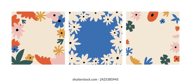 Vector backgrounds with cute flowers. Doodle floral frames in hippie style