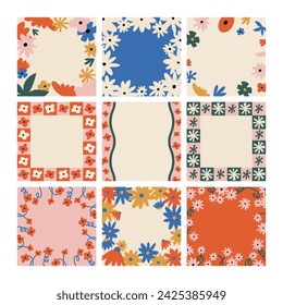 Vector backgrounds with cute flowers. Doodle floral frames in hippie style