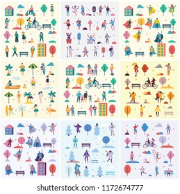 Vector backgrounds of different activities of people in all seasons outdoor- autumn, winter, spring and summer