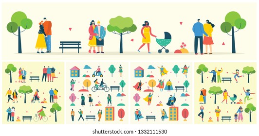 Vector backgrounds with different people, couple doing activities, walking and have a rest outdoor, in the forest and park in the flat style 