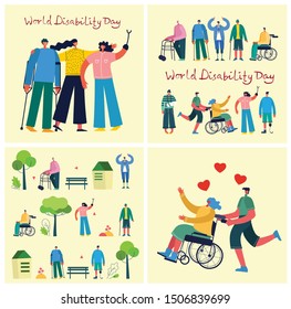 Vector backgrounds with disabled people, young handycap persons and friends near helping. World Disability Day. Flat cartoon characters.