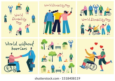 Vector backgrounds with disabled people, young invalid persons and men and women helping. World without barriers. Flat cartoon characters.