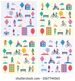 Vector backgrounds in flat design of group people outdoor in the park on weekend