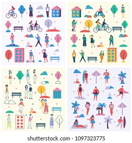 Vector backgrounds in flat design of group people outdoor in the park on weekend