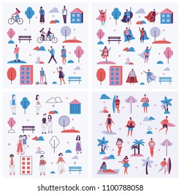 Vector backgrounds in flat design of group people outdoor in the park on weekend