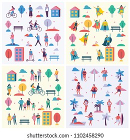 Vector backgrounds in flat design of group people outdoor in the park on weekend