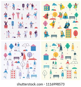 Vector backgrounds in flat design of group people characters doing different activities