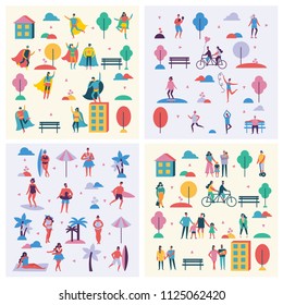 Vector backgrounds in flat design of group people characters doing different activities