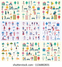 Vector backgrounds in flat design of group people characters doing different activities