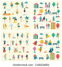 Vector backgrounds in flat design of group people characters doing different activities