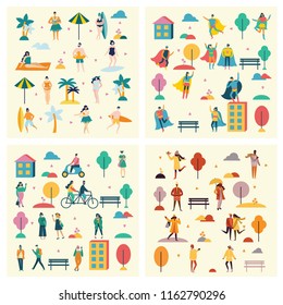 Vector backgrounds in flat design of group people characters doing different activities