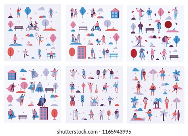 Vector backgrounds in flat design of group people characters doing different activities