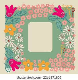 Vector backgrounds with flowers in trendy retro trippy style. Hippie 60s, 70s style. Yellow, orange, beige, green colors.