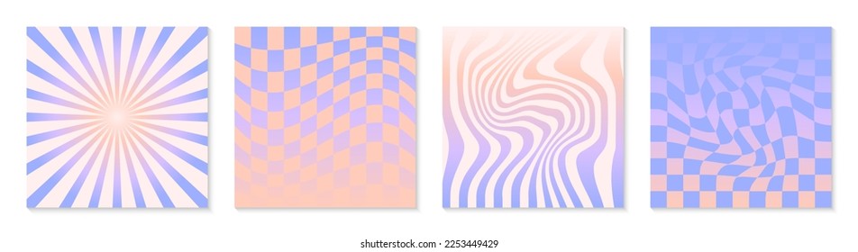 Vector backgrounds in groovy aesthetic.Abstract gradient templates in y2k style.Trendy geometric designs for banners,social media marketing,branding,packaging,covers