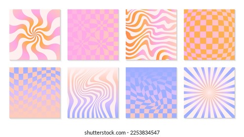 Vector backgrounds in groovy aesthetic Abstract gradient templates in y2k style Trendy geometric designs for banners social media marketing branding packaging covers