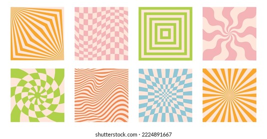 Vector backgrounds in groovy psychedelic style - abstract backdrops and design templates for social media posts and stories, cards and posters