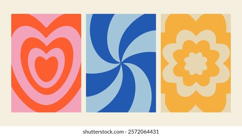 Vector backgrounds in groovy psychedelic style - abstract backdrops and design templates for social media posts and stories, cards and posters